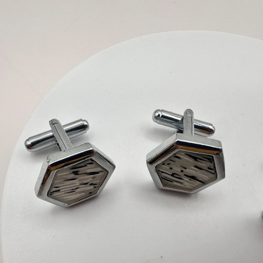 Vintage 60s Mid-Century Silver Tone Cufflink Set Geometric Glass Inlay‎ Jewelry
